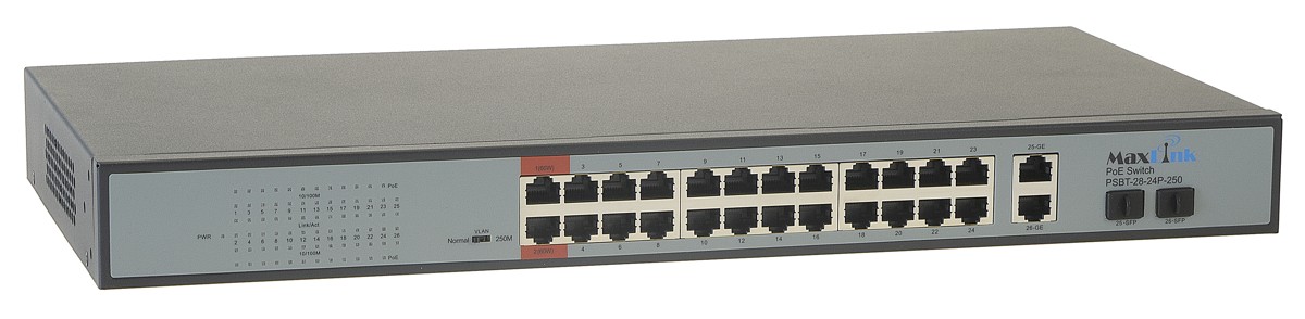 MaxLink PoE switch PSBT-28-24P-250, 26x LAN/24x PoE 250m, 2x SFP, 802.3af/at/bt, 250W